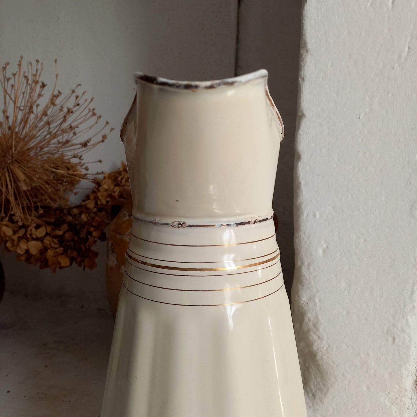 Large antique enamel pitcher in antique cream color with gold trim from France, large enamel jug, country kitchen and farmhouse decor