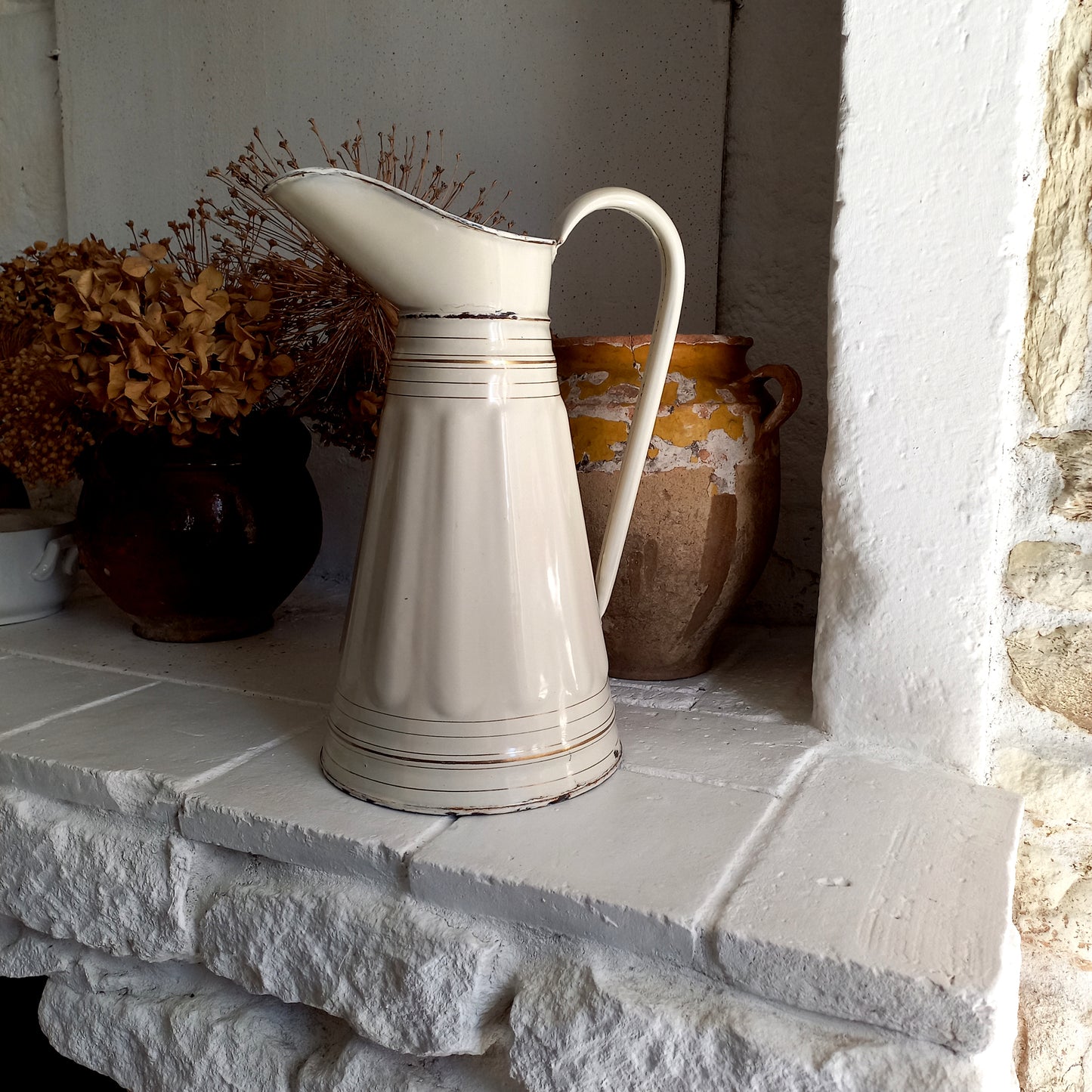 Large antique enamel pitcher in antique cream color with gold trim from France, large enamel jug, country kitchen and farmhouse decor